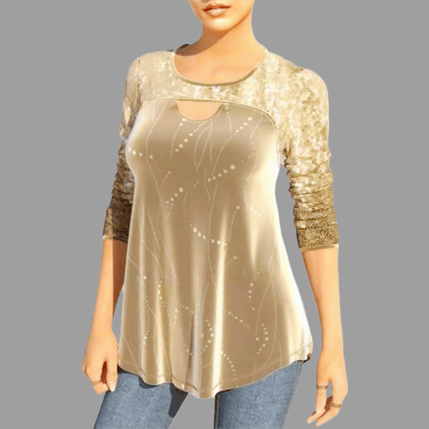 

European and American Digital Tong Round Neck Hollow Long Sleeve Slimming Sequined Patchwork Knit Top 3XL хаки