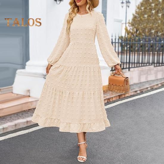 Herbst Winter Damen Kleid Lange Laternenärmel A-Linie Rundhals Großer Saum Punktapplikation Plissiert Einfarbig Dating Pendeln Midikleid