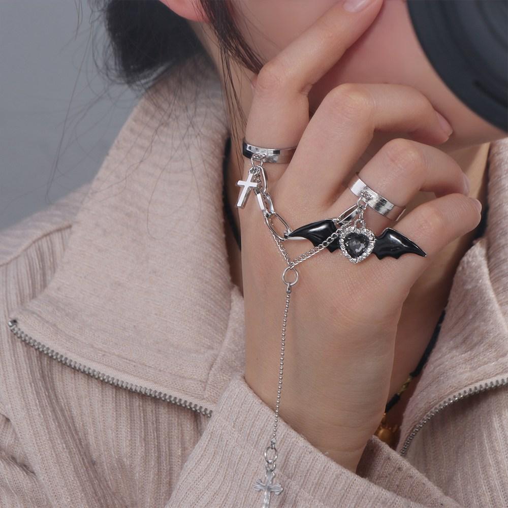 Korean Style Double Finger Ring with Chain Love Cross Rhinestone Finger Buckle  Women