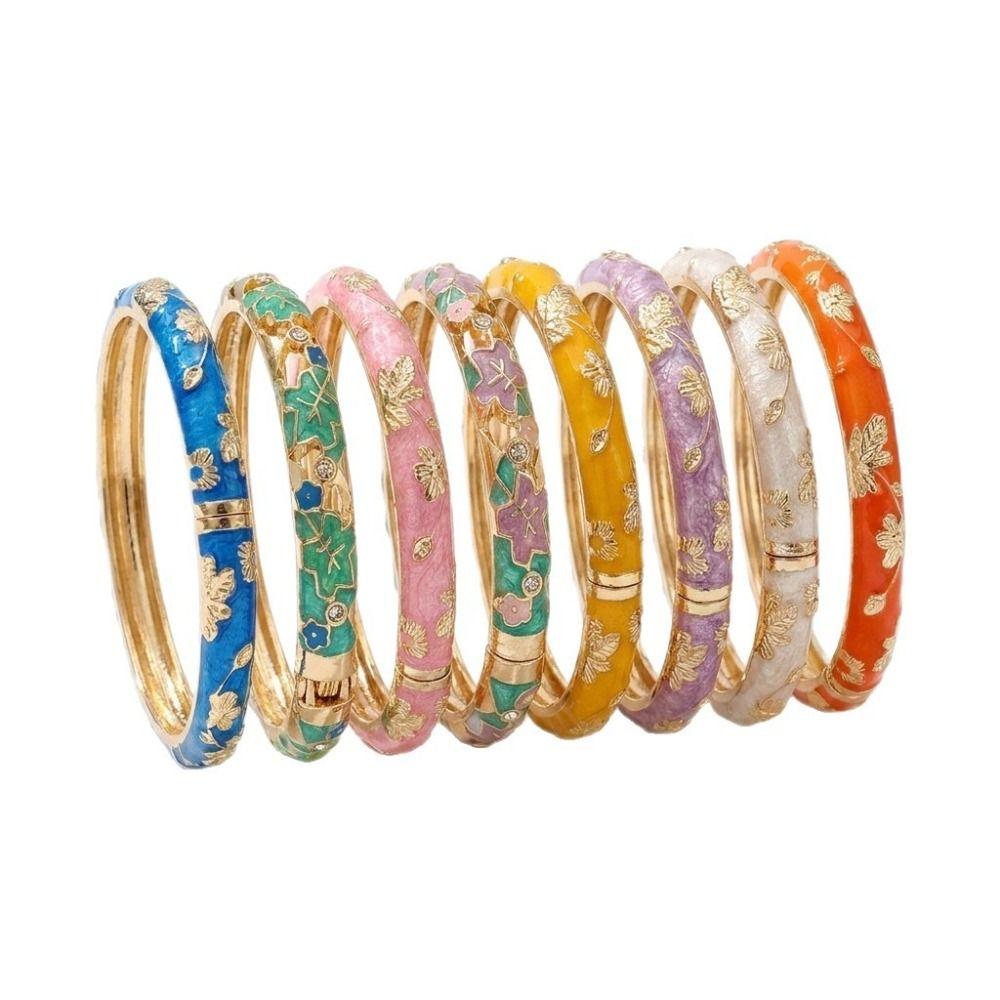Leaf Floral Pattern Enamel Bangle Bracelet Colorful Drip Cloisonne Bracelet  Beach Vacation