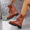 French Vintage Mid-Thigh Boots Fall New Round Toe Spliced Front Lace-Up Rivet Soft Sole Non-Slip Kitten Heels