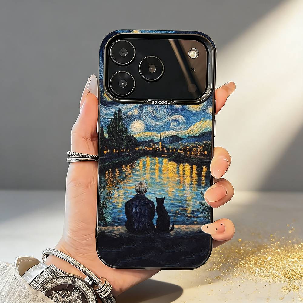 V-Van G-Gogh The Starry Night Phone Case For iPhone17,16,15,14,13,12,11,Pro,MAX Gray Matte Silicone Black Cover
