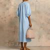Robe d'été en coton et lin pour femme Robe tunique longue décontractée à manches courtes bouffantes Fermeture éclair Col rond Coupe ample Robe de vacances avec poches