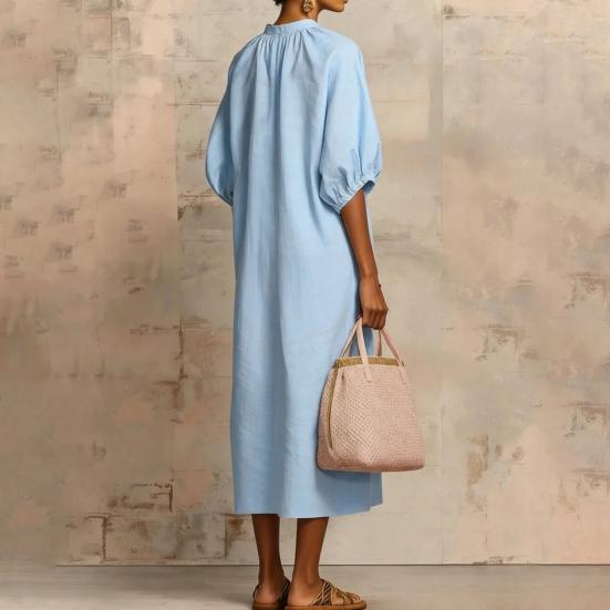 Robe d'été en coton et lin pour femme Robe tunique longue décontractée à manches courtes bouffantes Fermeture éclair Col rond Coupe ample Robe de vacances avec poches