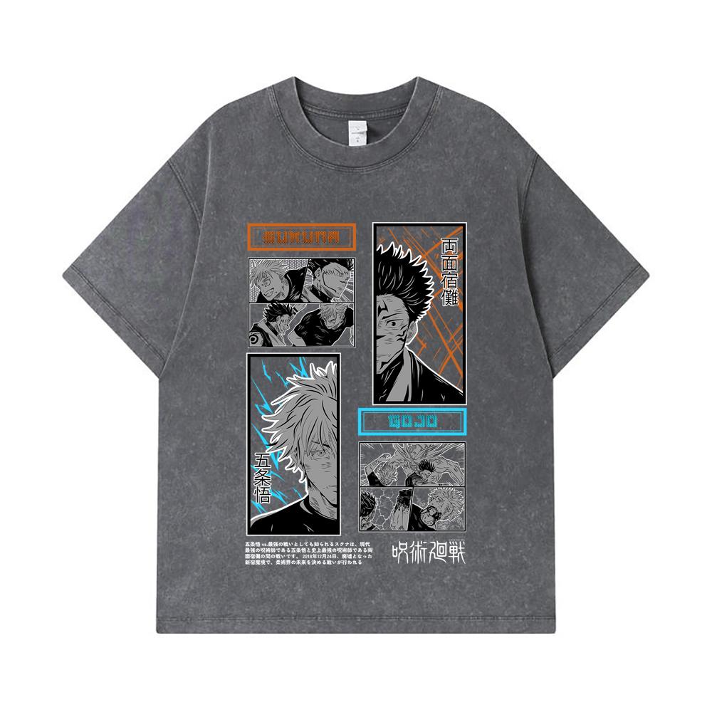 275 GSM Washed T-shirts 100% Cotton Jujutsu Kaisen V33 Gojo Sukuna Print Unisex Heavy Cotton T Shirt