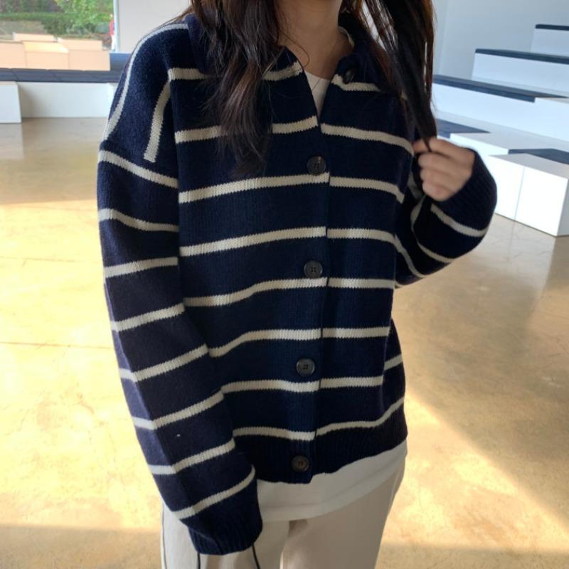 

Шикарные осенние ретро вязаные кардиганы с отложным воротником для женщин, однобортные, повседневные, свободные, зимние свитера для женщин, женский кардиган в полоску с длинным рукавом 25725 One Size тёмно-синий