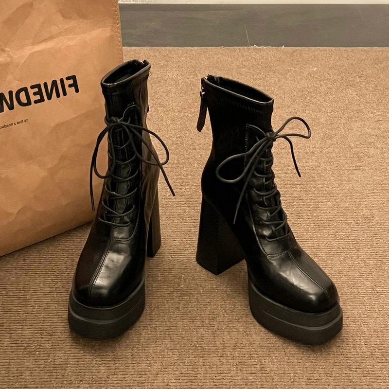 Fashion Punk Goth Women's Boots High Heels Ankle Boots Fashion Modern Western Motorcycle Boots Women New Lace Up Casual Short Boots