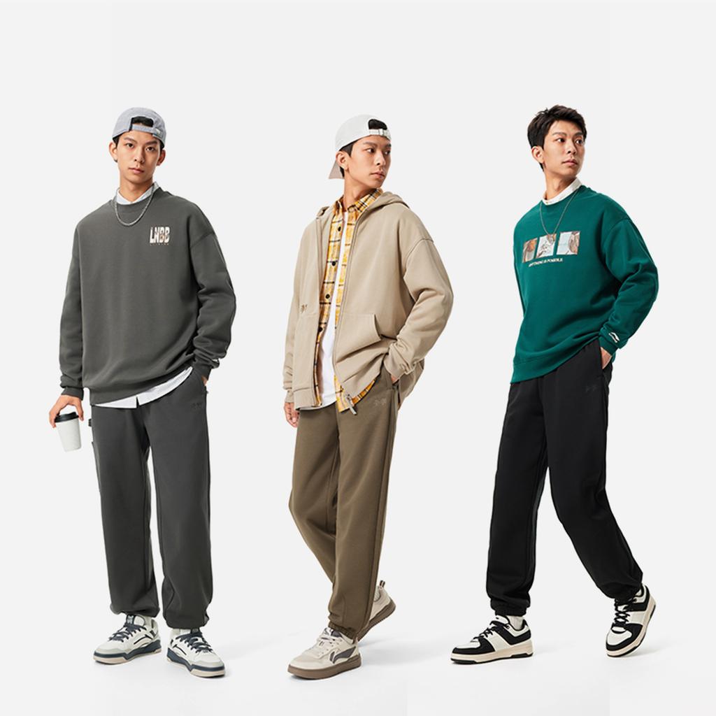 Li Ning Sports Lifestyle Series Solid Color Mid Waist Comfortable Breathable Fleece Cuffed Knitted Sports Pants Men bottoms Dark-Gray AKLUD03-4