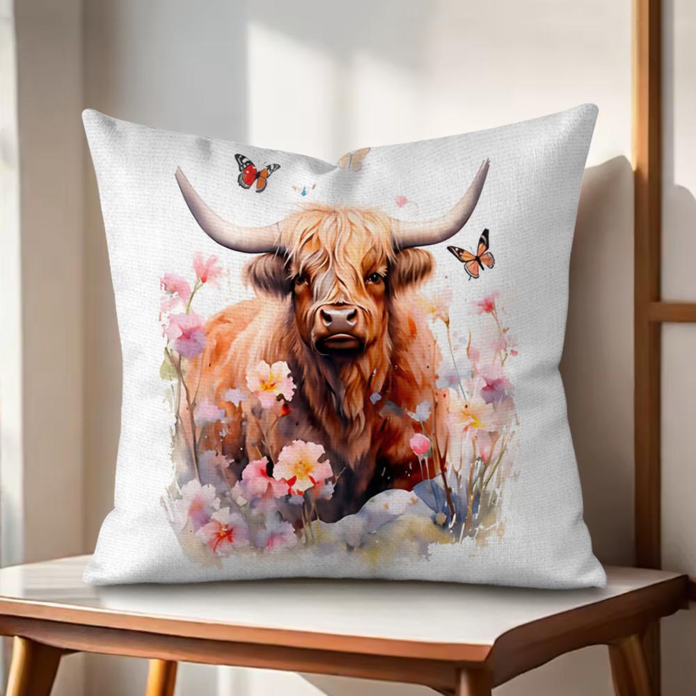 Highland cow  flower Cushion Cover Natural Linen Organic Fabric DoubleSided Printing Couch Pillow Covers Home Decor Gift