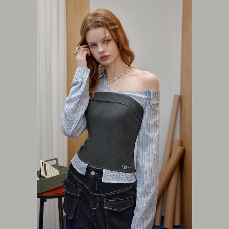 UNIFREE 2026 Spring Sweet & Cool Off-Shoulder Color-Block Shirt