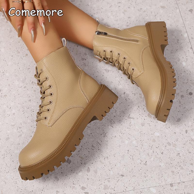 Móda Móda Zlaté PU Kůže Platforma Kotníkové Boty Ženy Silná Podrážka Šněrovací Hnědé Kotníkové Boty Žena Podzim Zima Masivní Podpatek Krátké Boty
