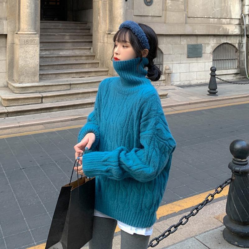 Autumn and winter turtleneck twist sweater women's inner lining solid color casual lazy loose outer top knitted sweater
