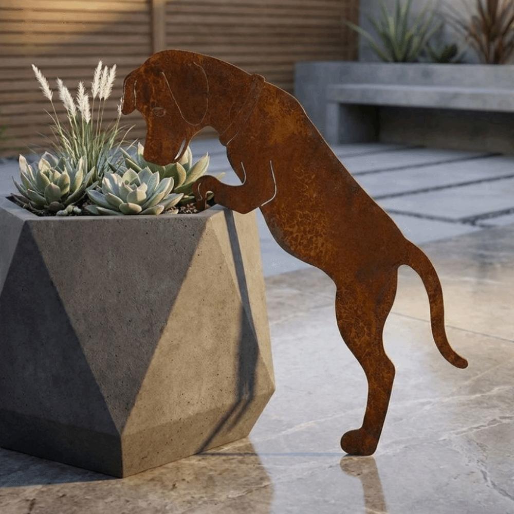 Rostige Oberfläche Hundentopf-Halter Dekoration Rustikale Tier Silhouette Gartenstatue Außenhof Dekoration