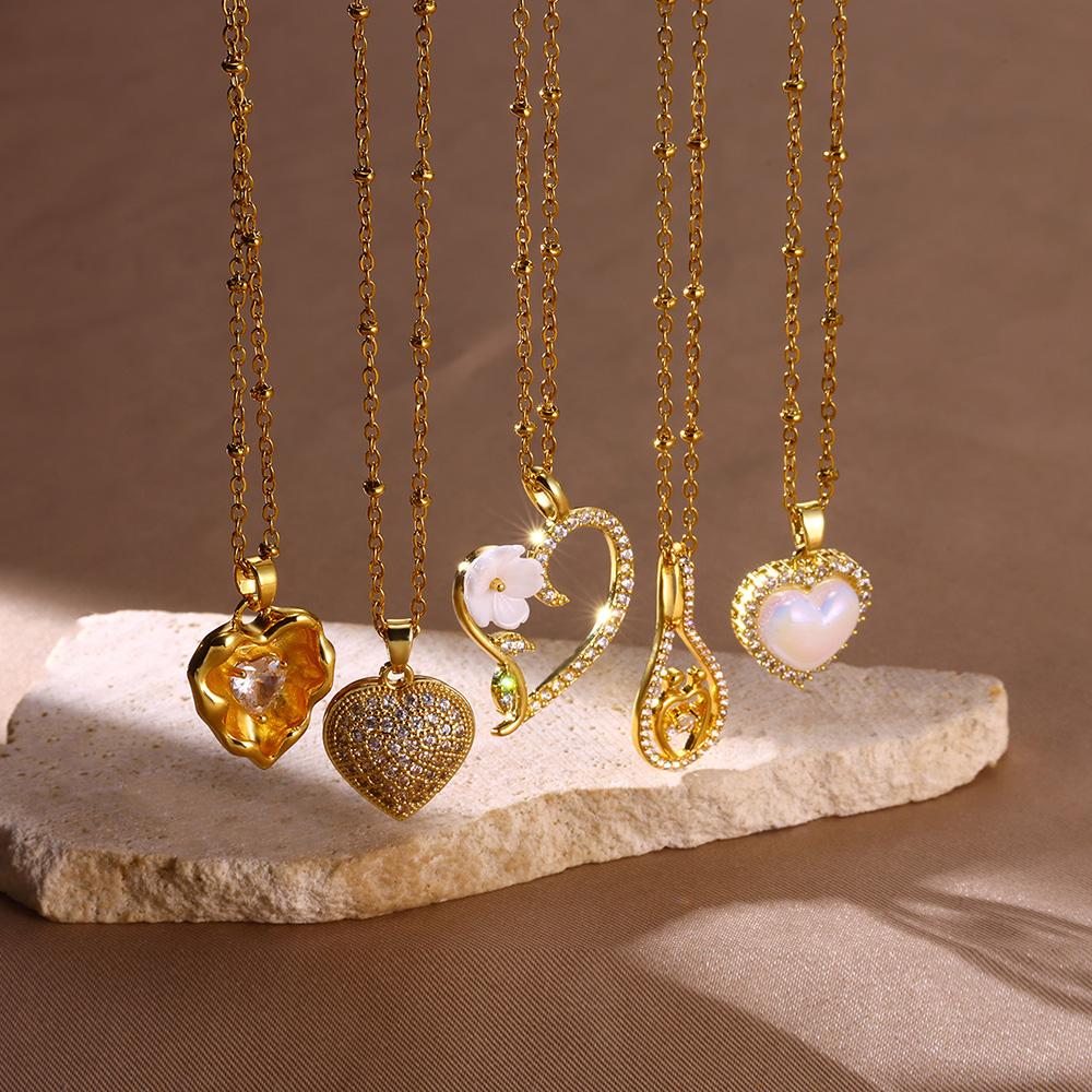 Imitation Pearl Pendant Necklaces For Women Stainless Steel Zircon Heart Charm Clavicle Chain Necklace Aesthetic Jewelry Gift