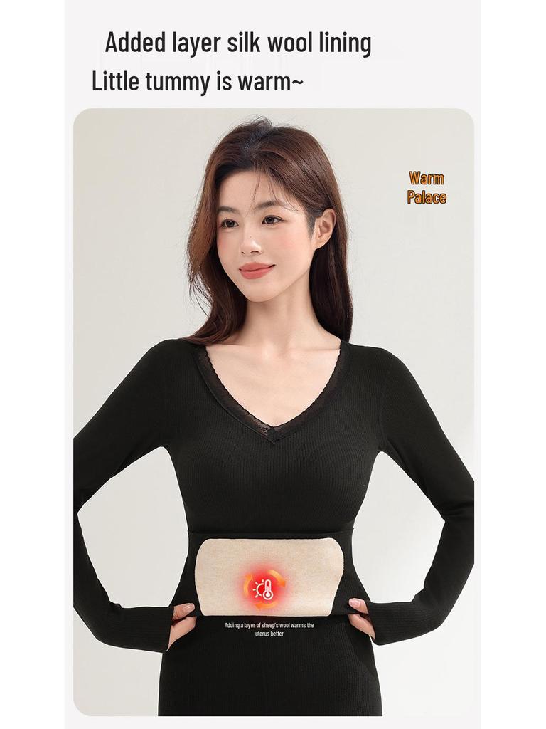 Women’s Cashmere Silk Slimming Underwear Set with Built-In Bra: Warm Cotton-Wool Long Sleeve Top & Bottoms for Autumn/Winter