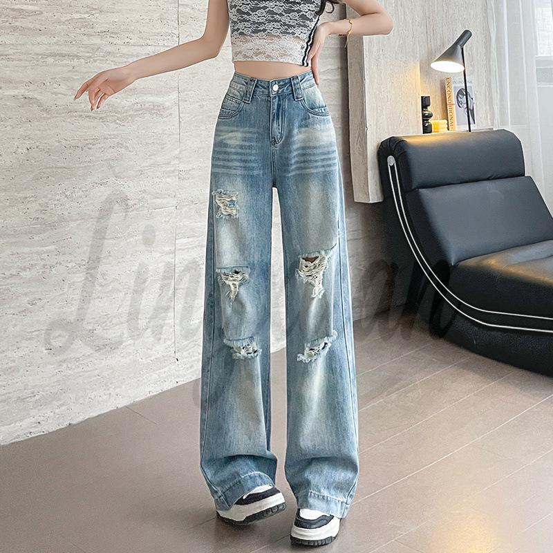 2026 Summer Women s Retro Ripped High-Waisted Wide-Leg Jeans L
