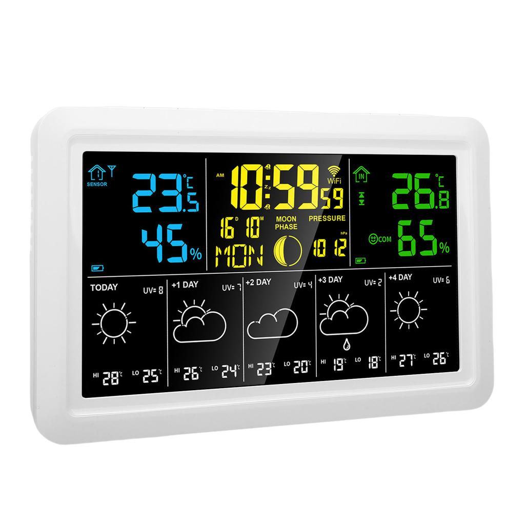 Wettervorhersage Uhr Multifunktional WiFi Kabellos 7,5 Zoll Farbdisplay Thermometer Hygrometer Uhr mit Atomzeit