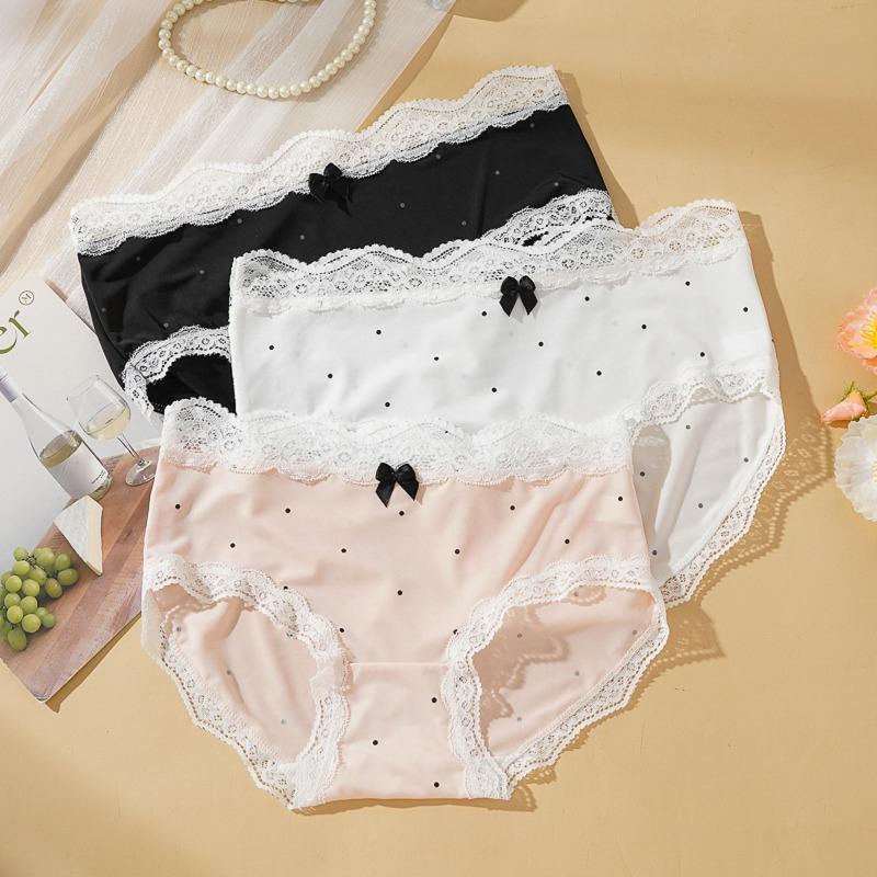 3 Pcs/Set French Lace Polka Dot Seamless Panties Women Sweet Bow Wavy Lace Edge Mid-Rise Underwear Thin Quick-Dry Briefs