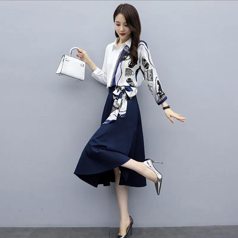 Women's Spring and Fall Temperament and Elegant Suit Long-sleeved Shirt + Ageing Dress Two-piece Suit