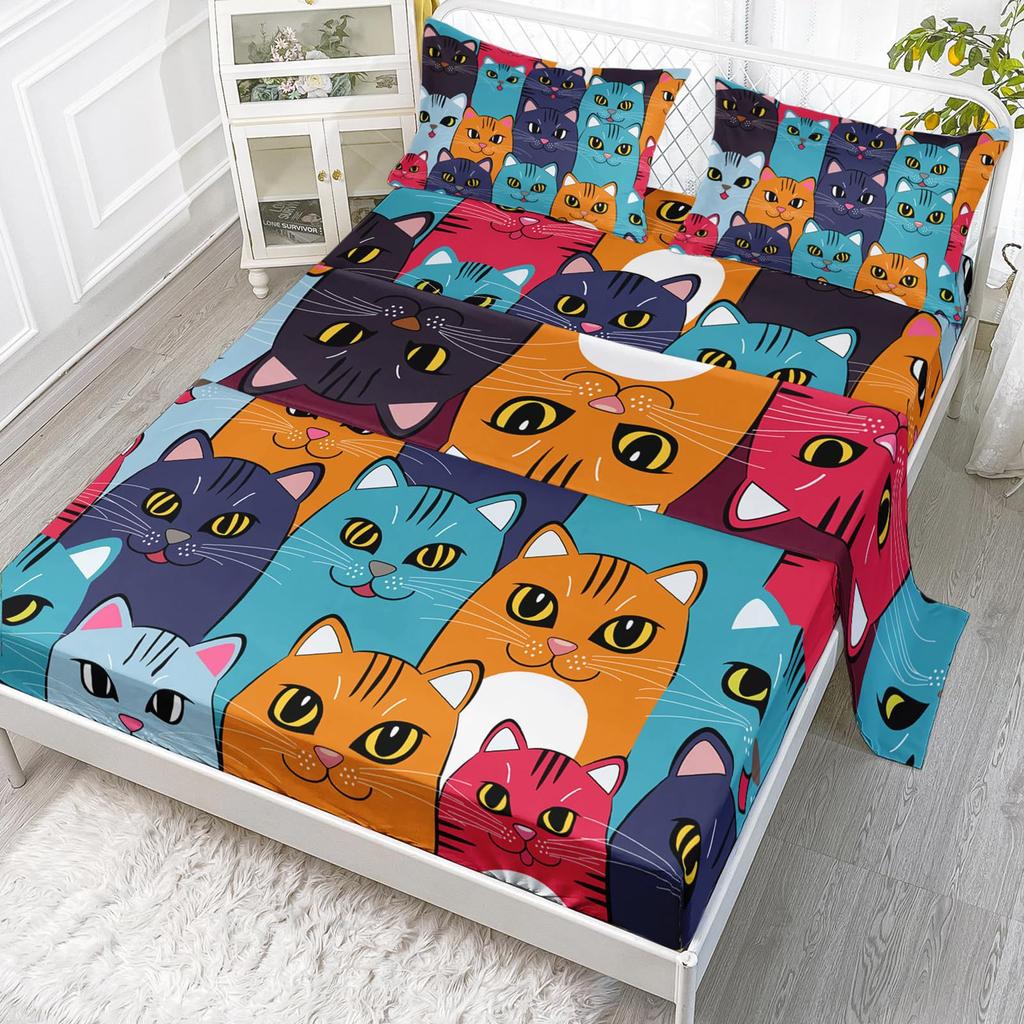 Cartoon Tier Kätzchen Muster Bett Hut Vierteiliges Bettwäscheset Schlafzimmer Wohnheim Bettwäsche Dekoration