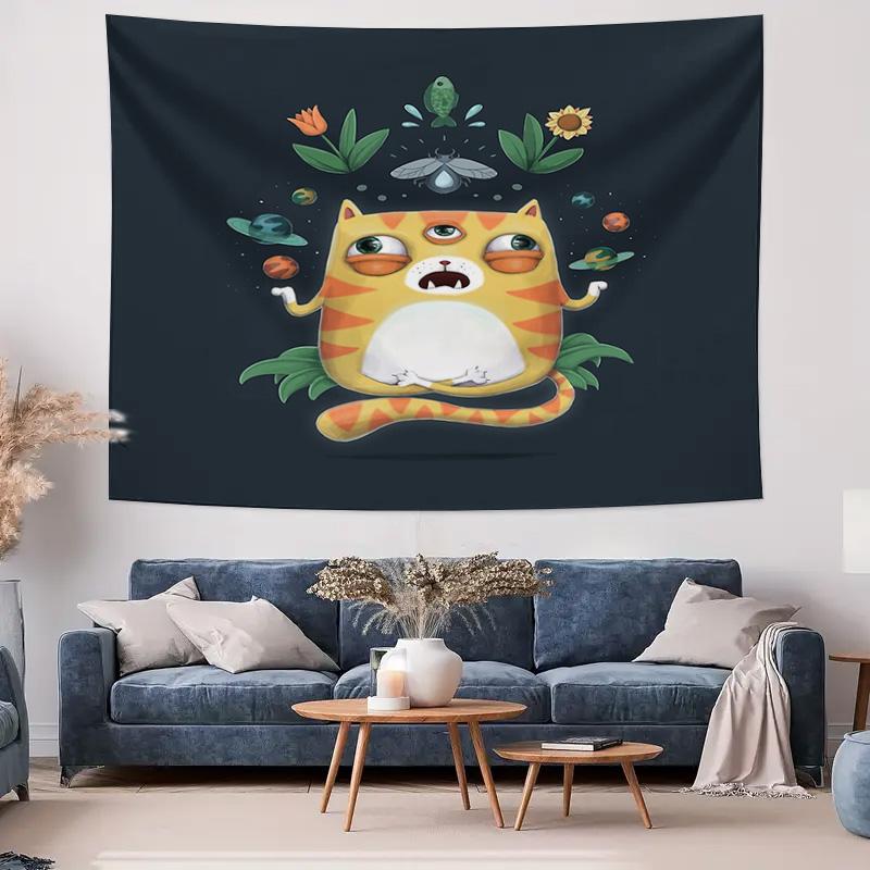 Trippy Cat Tapestry Psychedelic Wall Hanging Hippie Room Decor Aesthetic Fuzzy Wall Art Festival Home Decor Spiritual Gift Dorm