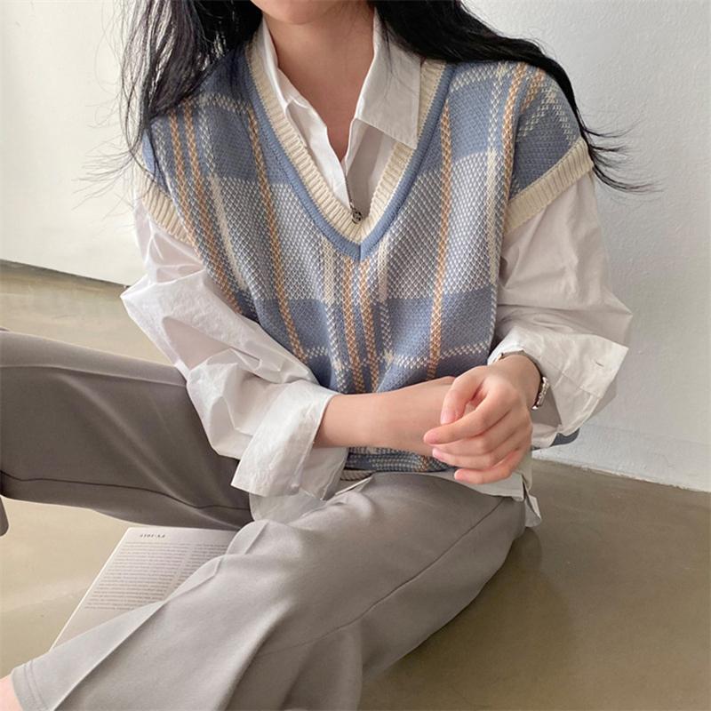 

Контрастный лоскутный женский вязаный жилет Осень Новый стиль V-образный вырез Клетчатый джемпер Ретро Свободный свитер Жилеты L синий