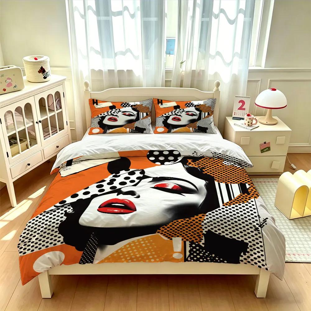 Set de așternut cu 3 piese, stil Pop Art, cu buze roșii, pentru pat, fără pilotă, material moale, lavabil la mașină și utilizat în scopuri decorative