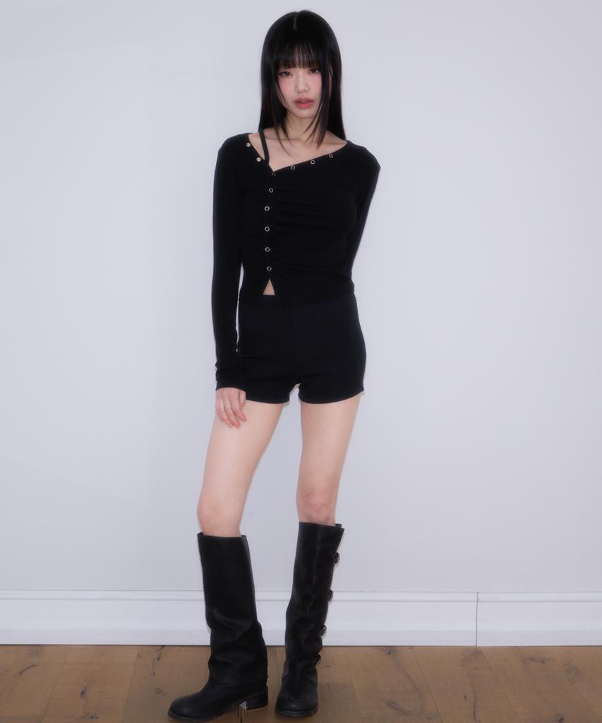 ROSEFRANTZ Unbalanced Shirring Long Sleeve [Black]