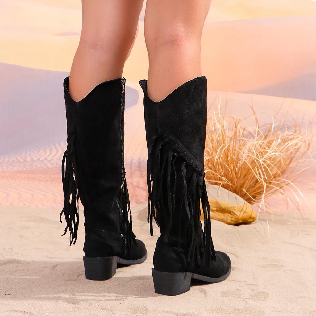 Damen Mode Fransen Hohe Stiefel Wildleder Absatz Schuhe 2024 Trend Neue Gladiator Motorradstiefel Herbst Winter Goth Pumps Schnee Botas