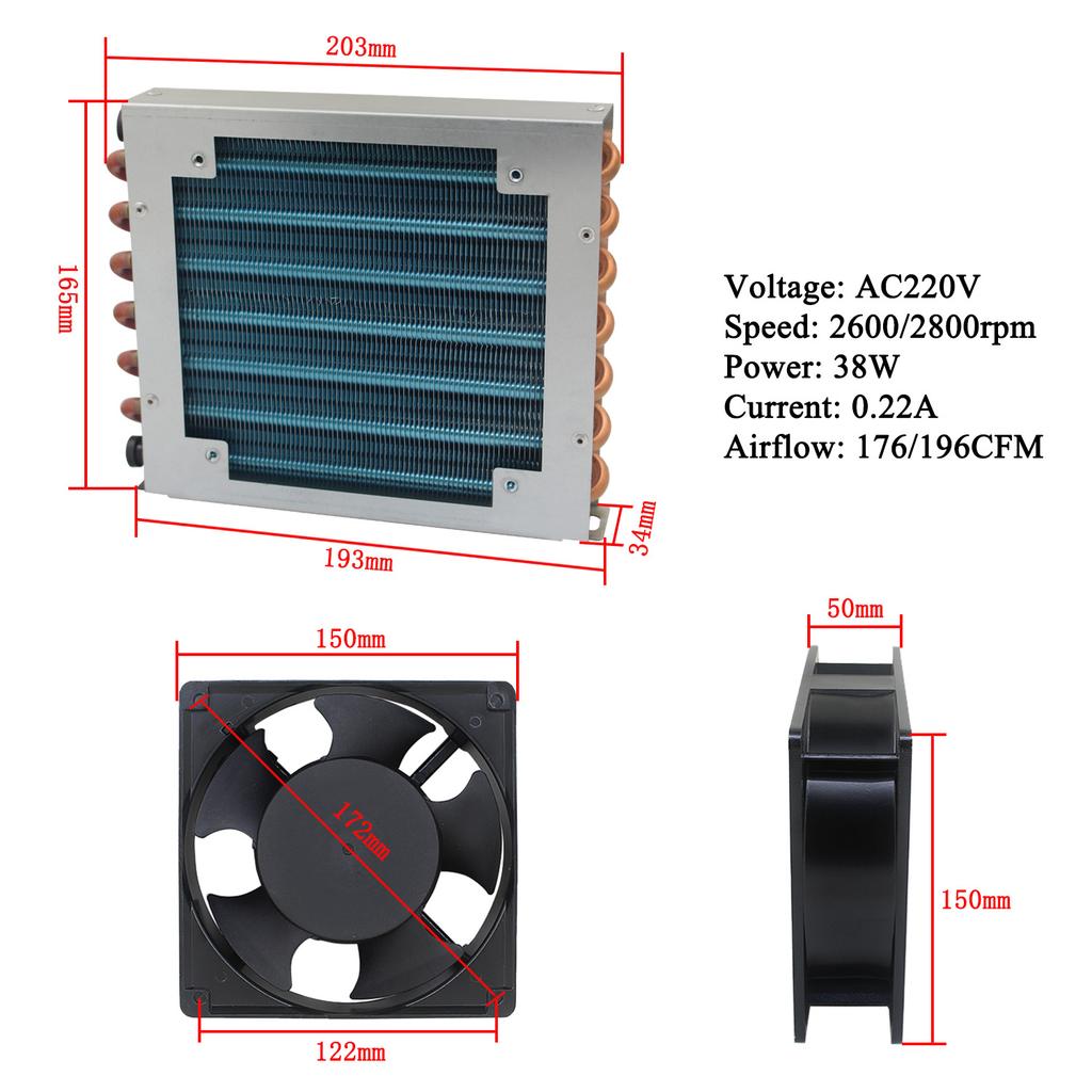 Radiator condenser cu carcasă mică pentru frigider congelator schimbător de căldură răcit cu apă cu aripioare de aluminiu și tuburi de cupru cu ventilator răcit cu aer
