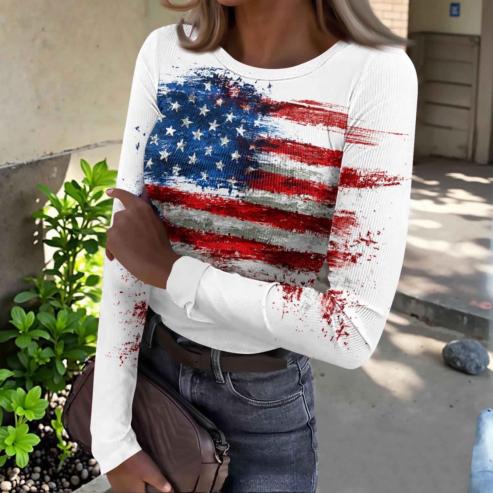 

Women s Casual Fashion Round Neck Independence Day Print Long Sleeve Ribbed Top XL