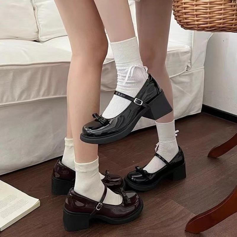 Round head versatile single shoes college style skirt autumn new high heels small leather shoes women's Mary Jane women's shoes