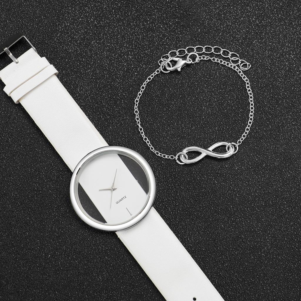 Xiaomi 2PCS/Set Fashion Hollow Out Dial Women Watches Leather Band Analog Quartz Watch Silver Bracelet Set