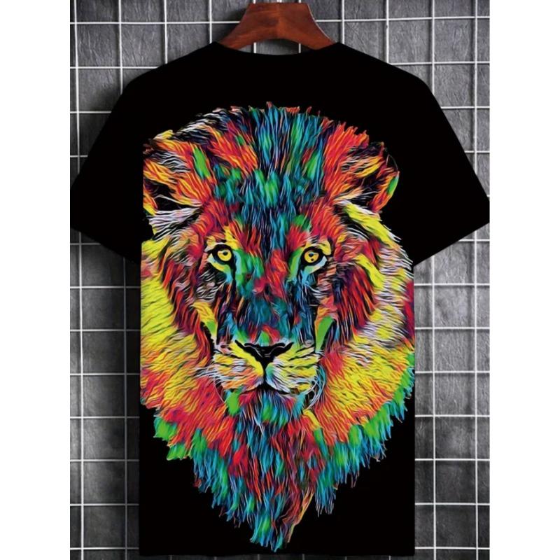 Men's Lion T-Shirt Colorful 3D Beast Animal Portrait Graphic Printed Casual Short Sleeve O-Neck Pullover Streetwear Summer Tee Tops Male Clothing