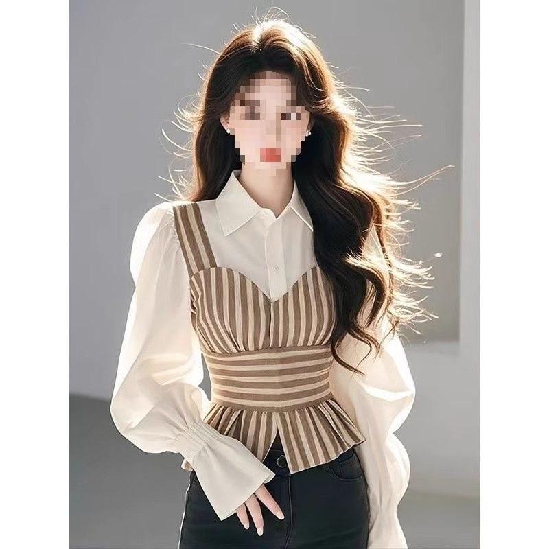 Soft Satin Striped Puffed Sleeveless Shirt For Spring Chic Womens Fashion