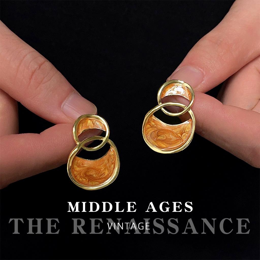 Ретро серьги-кольца двойные с каплей масла, геометрические, в стиле ретро, с легкой роскошью, в гонконгском стиле