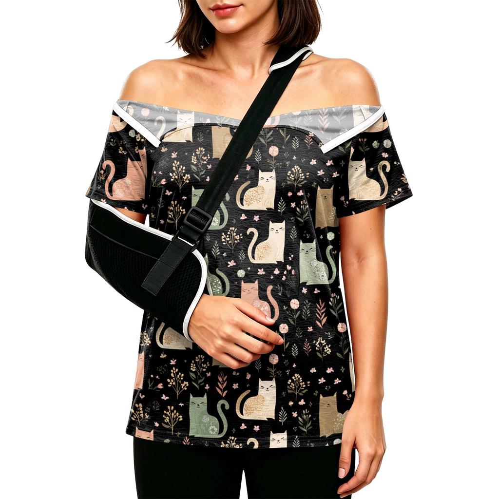 Post Surgery Women Short Sleeve Shirt Cartoon Animal Print Shoulder Zipper Side Velcro Closure Comfortable Fit Medical Recovery Top