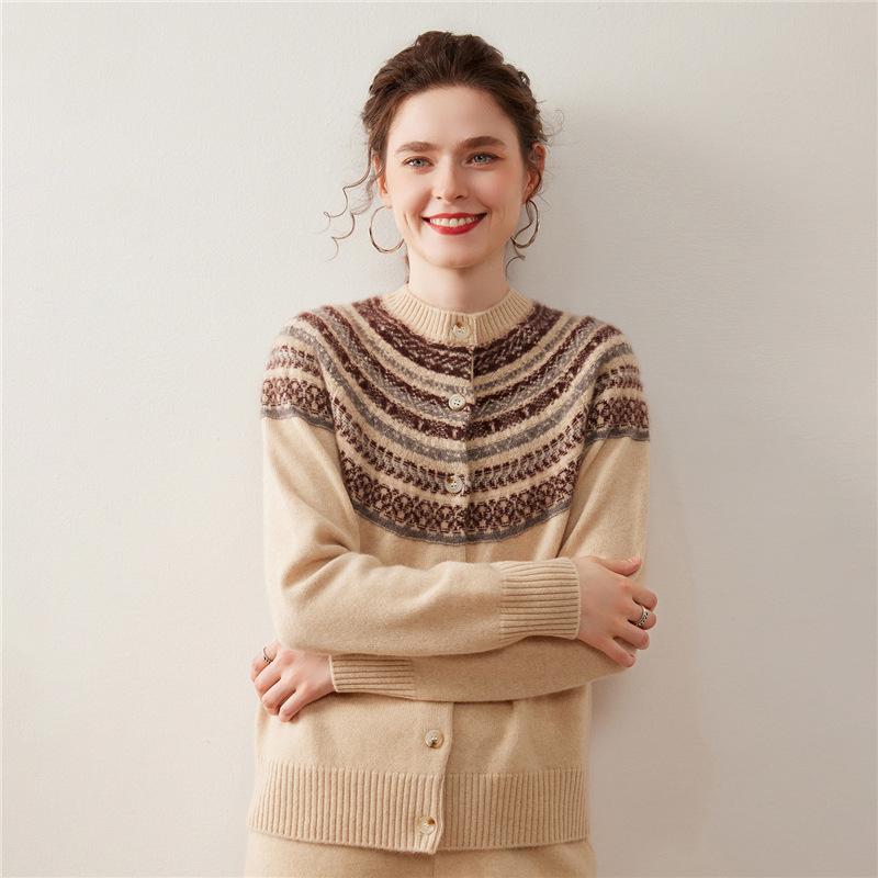 Women's Fair Isle Cashmere Button-Up Cardigan - Round Neck, Loose Fit, Thick, Autumn/Winter Style.