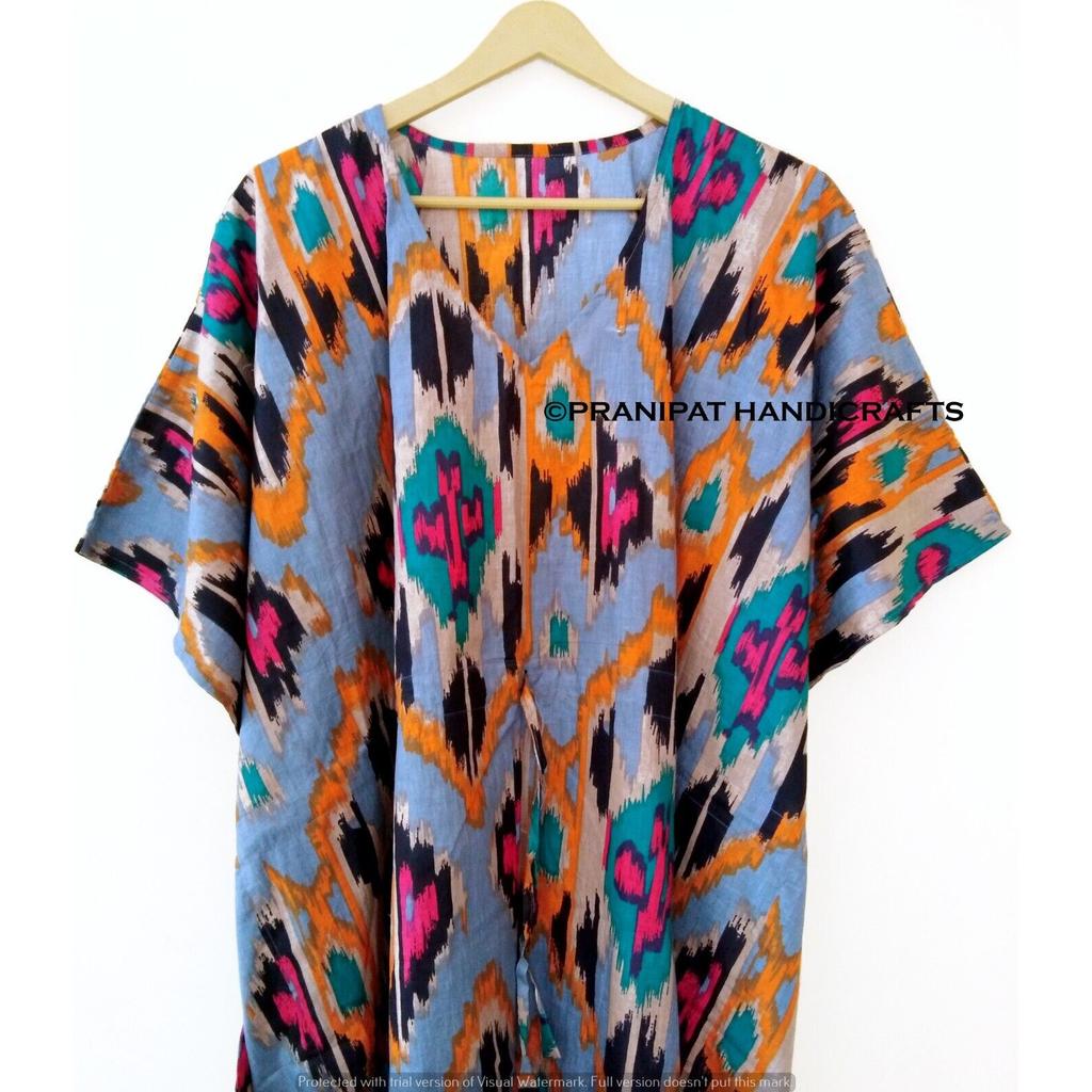 Indisches Grau Lang Ikat Print Baumwolle Hippie Maxi Damen Nachtwäsche Kaftan Kleid CKFTN-SCRN-FULL-BUYIT-076