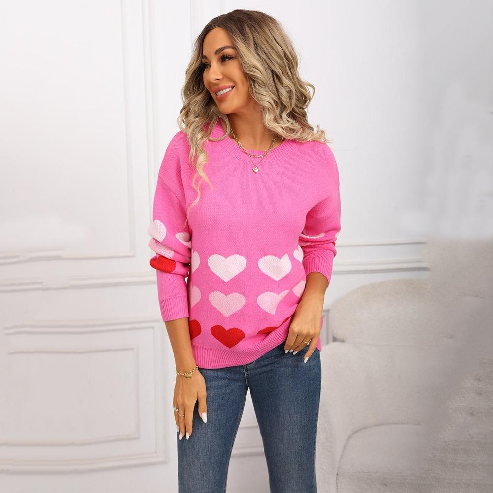 

Пуловер большого размера с круглым вырезом, вязаный свитер с сердечками, топ для интернет-знаменитостей XL розы красного