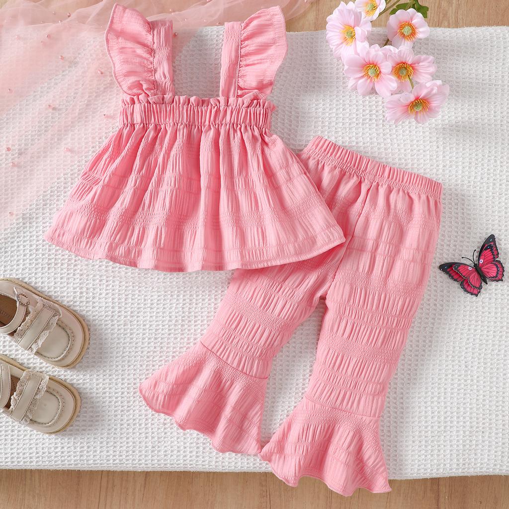 Summer Children's Sweet Pink Strappy Top Flared Pants Set for Girls