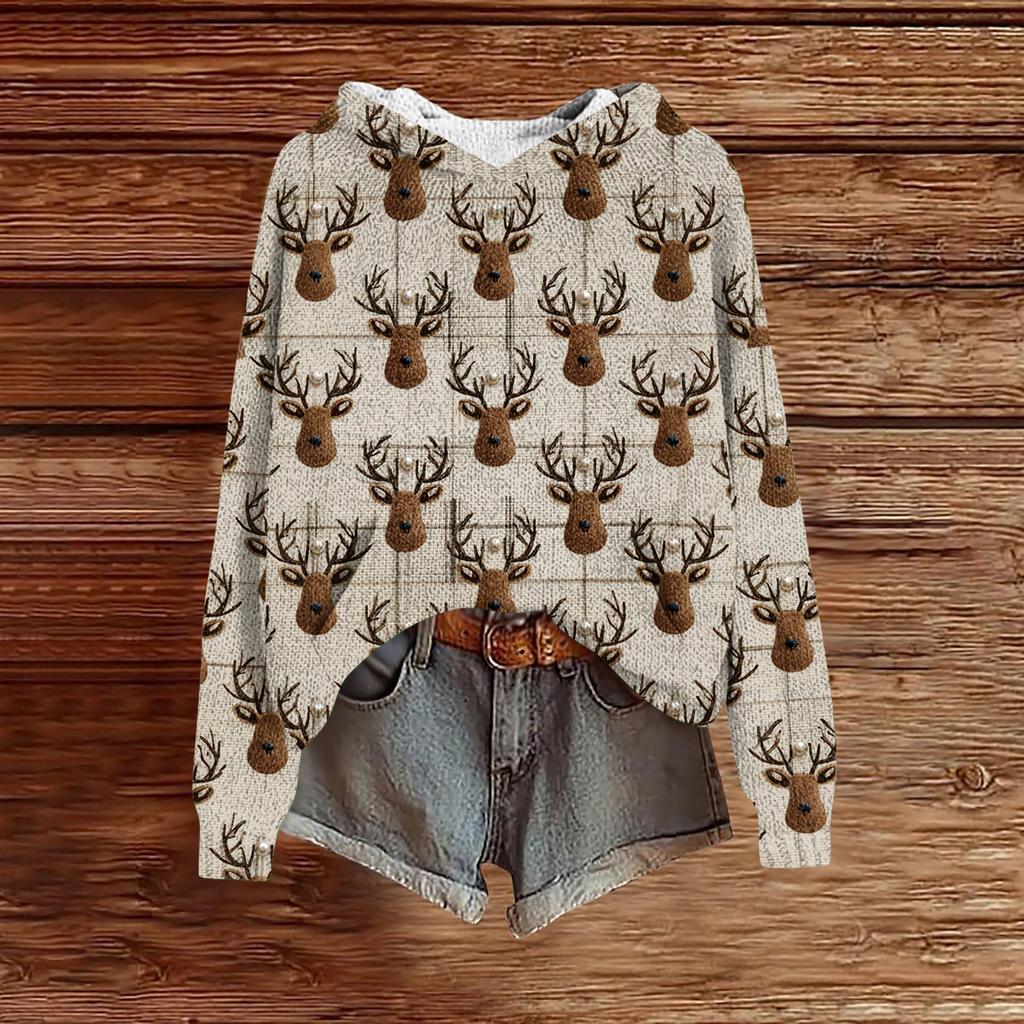 Women's Fashion Casual Long Sleeve Christmas Print Hooded Knitted Sweatshirt