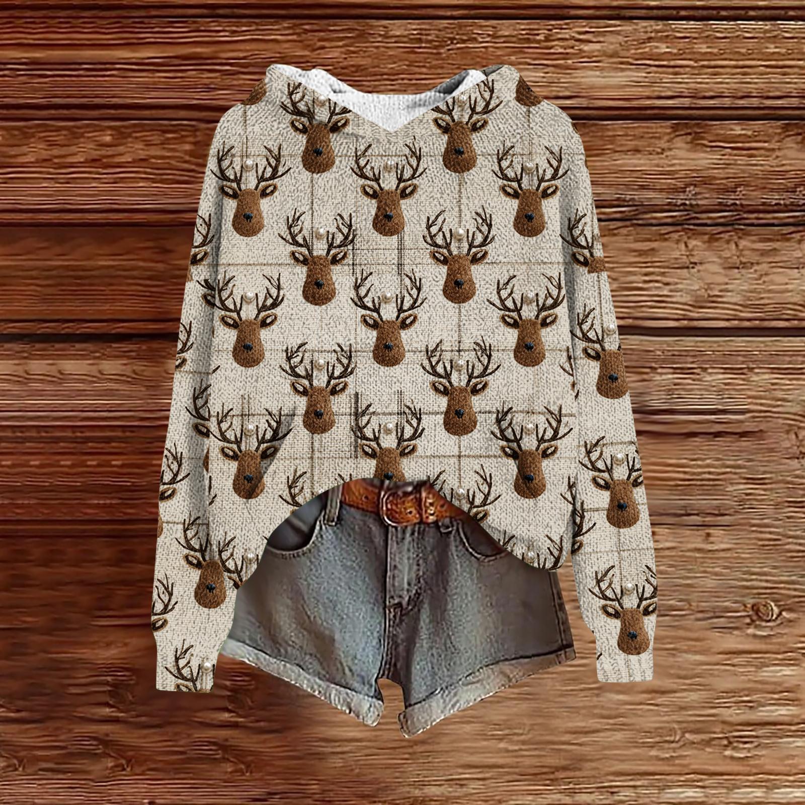 

Женский модный повседневный трикотажный худи с длинным рукавом и рождественским принтом L хаки