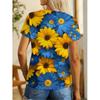 Tricou de damă cu imprimeu floral - Galben viu și albastru margaretă gât rotund mânecă scurtă top casual pentru toate anotimpurile tricouri de damă