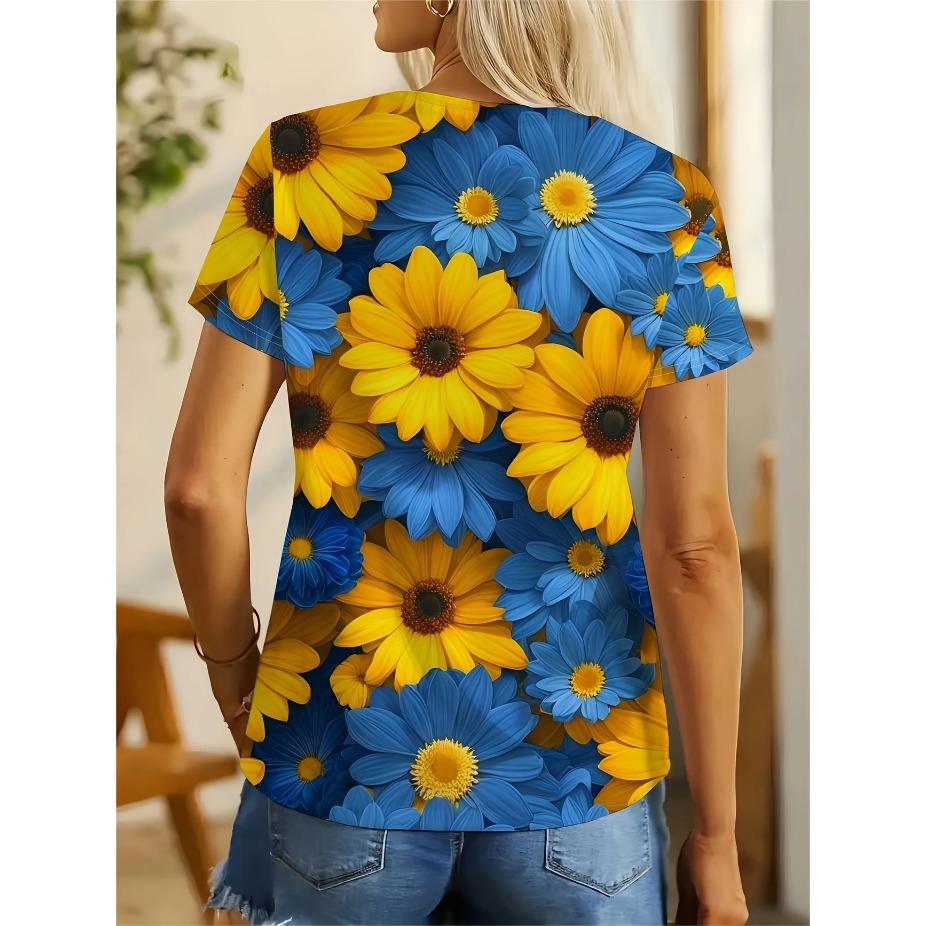 Tricou de damă cu imprimeu floral - Galben viu și albastru margaretă gât rotund mânecă scurtă top casual pentru toate anotimpurile tricouri de damă
