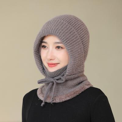Rabbit Fur Hat Women's Winter Scarf Integrated Wool Cycling Ear Protection Piled Thickened Outdoor Pullover One-piece Hat