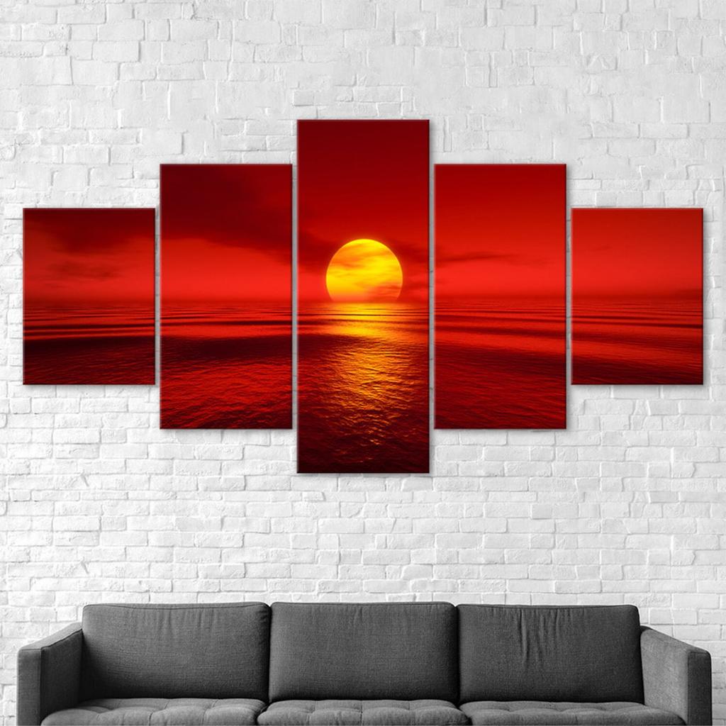 Red Sunset Sea Canvas 5 Piece Five Panel Wall Print Modern Art Poster Picture Home Decor Gift For Him For Her