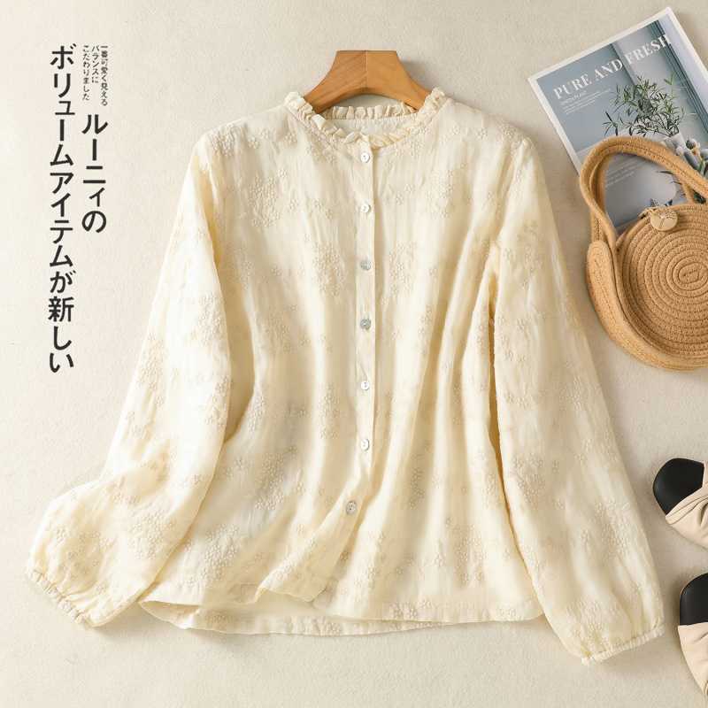 

Рубашка с вышивкой в стиле ретро для женщин в стиле тяжелой промышленности с черным кружевным воротником в лесном стиле, маленькая рубашка 2XL