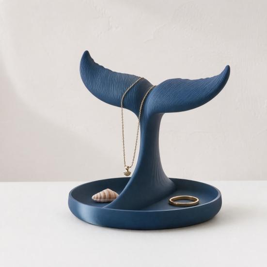 3D Printed Whale Tail Jewelry Organizer, Earring Necklace Display Stand with Ring Tray, Creative Desktop Decor, Elegant Vanity Dresser Accessories