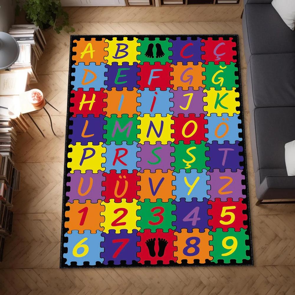 Colorful Alphabet Number Puzzle Area Rug Cute Educational ABC Print Non Slip Carpet for Bedroom Home Decor